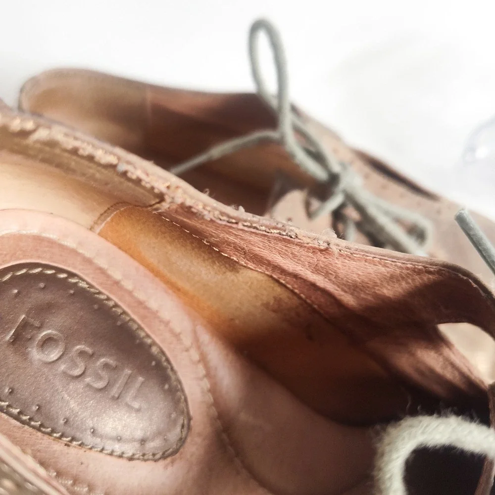 Fossil‎ Flats Size 8.5 Oxford Lace-up Metallic Bronze Leather Cut Out Academia